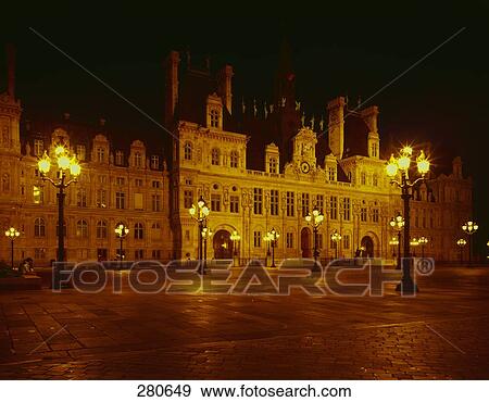 Buildings lit up at night, Hotel De Ville, Paris, Ile-de-France, France View Large Photo Image Stock Photo - Buildings lit up at night, Hotel De Ville, Paris, Ile-de-France, France . Fotosearch