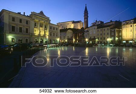Buildings lit up at night, Tartini Square, Piran, Slovenia View Large Photo Image Stock Image - Buildings lit up at night, Tartini Square, Piran, Slovenia . Fotosearch