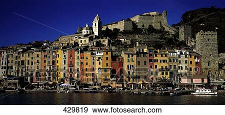 Buildings on waterfront, Portovenere, Liguria, Italy View Large Photo Image Stock Photo - Buildings on waterfront, Portovenere, Liguria, Italy . Fotosearch