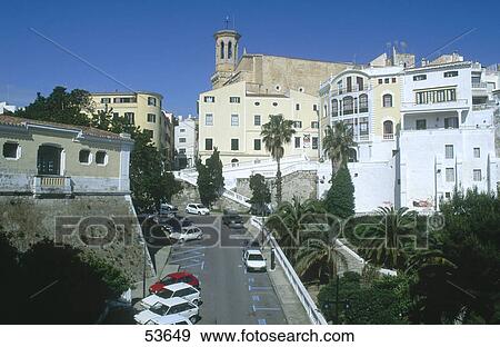Stock Photo - Cars on road in town, Mahon Menorca, Minorca, Balearic Islands, Spain . Fotosearch