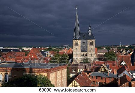 Stock Image - Church in city, Church St. Benedikti, Quedlinburg, Harz, Saxony-Anhalt, Germany . Fotosearch