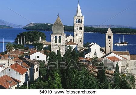 Stock Image - Church in town at coast, Island of Rab, Dalmatia, Croatia . Fotosearch