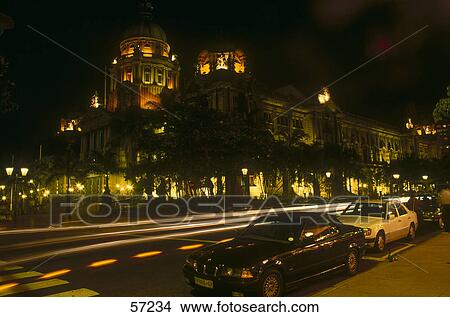 Picture - City hall lit up at night, Durban City Hall, Durban, KwaZulu-Natal, South Africa . Fotosearch