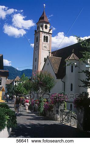Stock Image - Clock tower in town, Dorf Tirol, Italy . Fotosearch