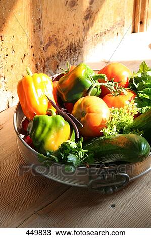 Stock Image - Close-up of bell peppers and gourd in bowl . Fotosearch