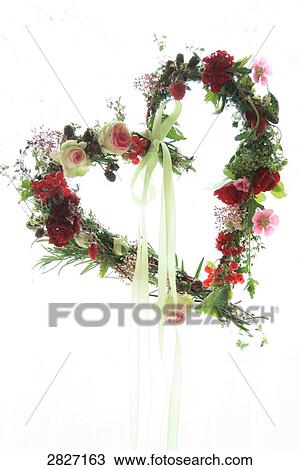 Stock Image - Close-up of flowers forming heart shape on white background . Fotosearch