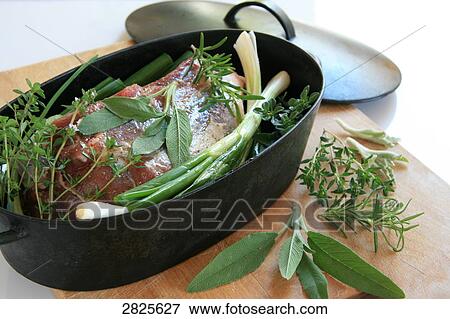 Stock Photo - Close-up of roasted meat and leek in pan . Fotosearch