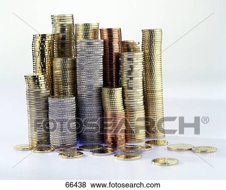 Stock Photo - Close-up of stacks of European Union coins . Fotosearch