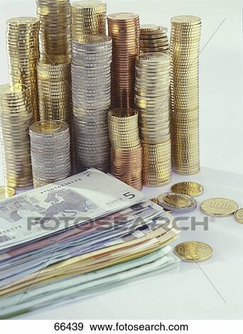 Close-up of stacks of European Union currency View Large Photo Image Stock Photo - Close-up of stacks of European Union currency . Fotosearch