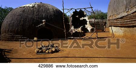 Stock Photograph - Cow skin hanging on bamboo near campfire, South Africa . Fotosearch