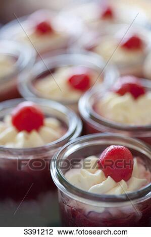 Desserts with whipped cream and cherries, close-up View Large Photo Image Stock Image - Desserts with whipped cream and cherries, close-up . Fotosearch