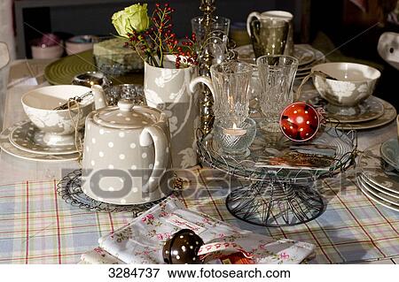 Dishes and decoration on a table, Ramsen, Switzerland View Large Photo Image Stock Photo - Dishes and decoration on a table, Ramsen, Switzerland . Fotosearch