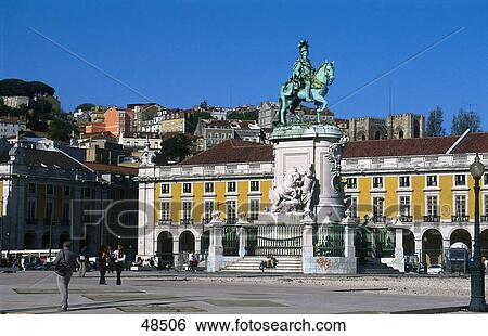 Stock Photograph - Equestrian statue in city, King Jose I Statue, Praca do Comercio, Baixa, Lisbon, Portugal . Fotosearch