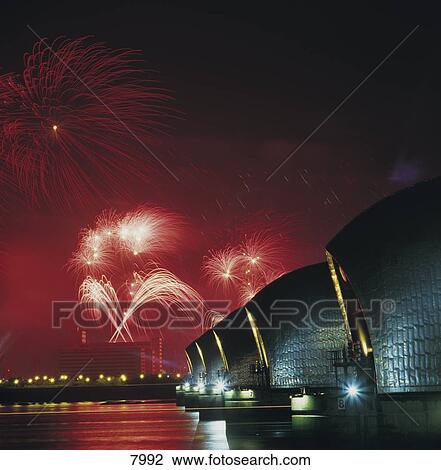 Fireworks in sky, Thames Barrier, Woolwich, Newham, London, England View Large Photo Image Stock Image - Fireworks in sky, Thames Barrier, Woolwich, Newham, London, England . Fotosearch