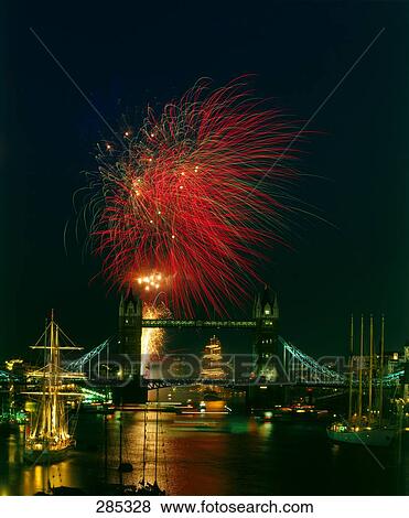 Fireworks over bridge, Tower Bridge, Thames River, London, England View Large Photo Image Stock Photo - Fireworks over bridge, Tower Bridge, Thames River, London, England . Fotosearch