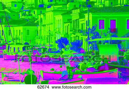 Picture - Fishing boats along houses, Saronic Islands, Poros, Greece, Europe . Fotosearch