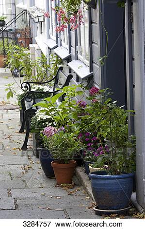 Stock Photo - Flower pots and a bench in front of a house, Bergen, Norway . Fotosearch
