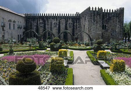 Stock Photo - Formal garden in front of palace, Bishop's Palace, Braga, Minho, Portugal . Fotosearch