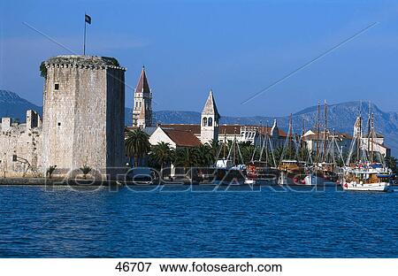 Stock Photo - Fort with boats at harbor, Fortress Kamerlengo, Trogir, Dalmatia, Croatia . Fotosearch