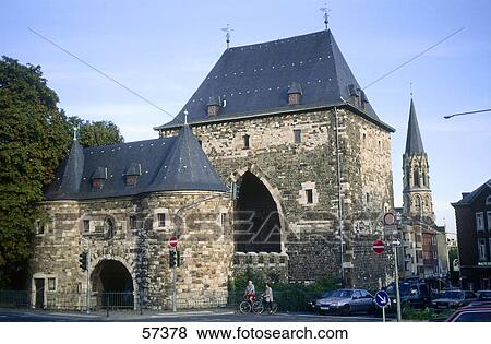 Stock Photo - Fortified walls and gate of city, Marschiertor, Achen, North Rhine-Westphalia, Germany . Fotosearch