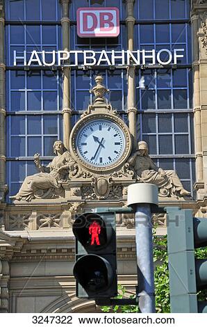 Stock Image - Frankfurt Central Station, red light in the foreground, Frankfurt am Main, Germany, low angle view . Fotosearch