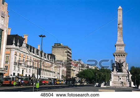 Picture - Freedom monument in city, Restauradores Square, Lisbon, Portugal . Fotosearch