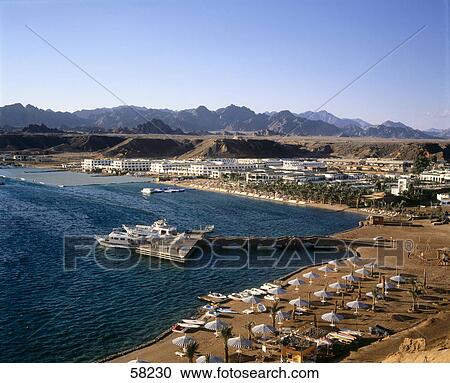 Stock Image - High angle view of beach, Sharm El-Sheikh, Sinai Peninsula, Egypt . Fotosearch