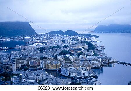 High angle view of city at waterfront, Alesund, Norway View Large Photo Image Stock Image - High angle view of city at waterfront, Alesund, Norway . Fotosearch