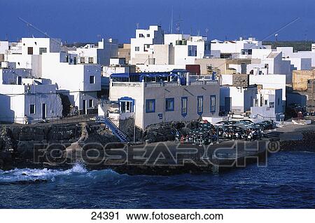 Stock Image - High angle view of houses at coast, Cotillo, Fuerteventura, Canary Islands, Spain . Fotosearch