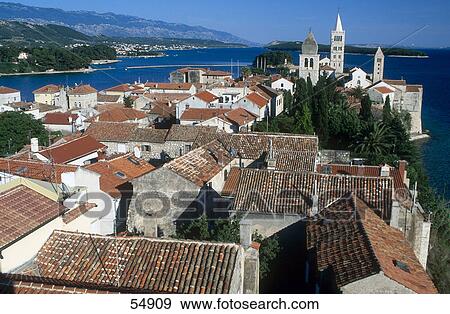High angle view of houses in town, Island of Rab, Dalmatia, Croatia View Large Photo Image Stock Photo - High angle view of houses in town, Island of Rab, Dalmatia, Croatia . Fotosearch