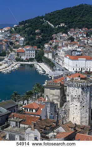Picture - High angle view of marina in town, Split, Dalmatia, Croatia . Fotosearch