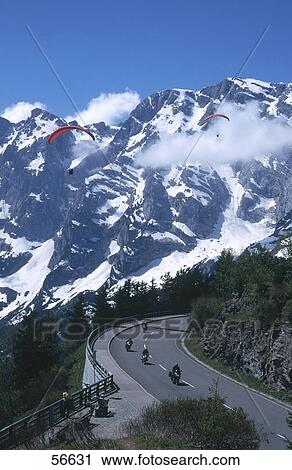 Stock Image - High angle view of motorcyclists on highway, Rossfeld, Alsace, France, Europe . Fotosearch