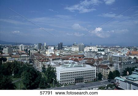 Stock Image - High angle view of parliament building in city, Ljubljana, Slovenia . Fotosearch