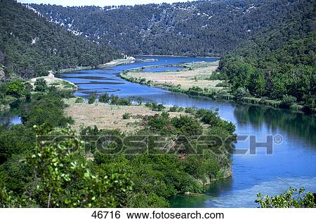 Stock Photograph - High angle view of river, Krka, Skradin, Dalmatia, Croatia . Fotosearch