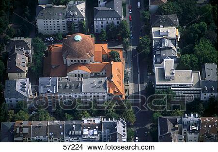 Picture - High angle view of synagogue in city, Frankfurt, Hessen, Germany . Fotosearch