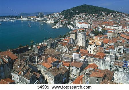 Stock Photography - High angle view of town at coast, Split, Dalmatia, Croatia . Fotosearch