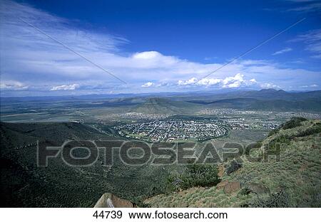 Stock Photo - High angle view of town in valley, Graaff-Reinet, Eastern Cape, South Africa . Fotosearch