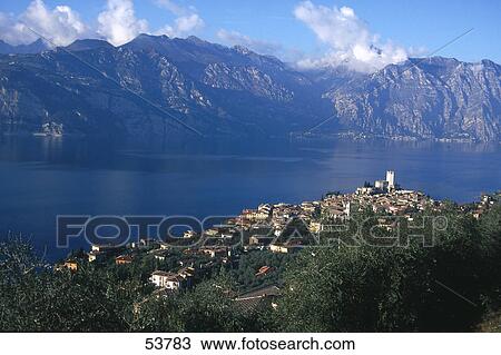 High angle view of town, Lake Garda, Malcesine, Province of Verona, Veneto, Italy View Large Photo Image Stock Image - High angle view of town, Lake Garda, Malcesine, Province of Verona, Veneto, Italy . Fotosearch