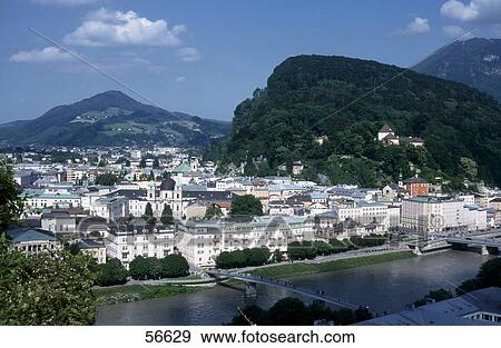 High angle view of town, Salzach River, Kapuzinerberg, Austria View Large Photo Image Stock Photo - High angle view of town, Salzach River, Kapuzinerberg, Austria . Fotosearch