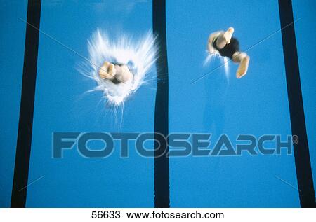 High angle view of two people diving in a swimming pool View Large Photo Image Stock Image - High angle view of two people diving in a swimming pool . Fotosearch