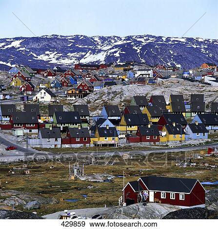 Stock Photo - High angle view of wooden houses, Ilulissat, Greenland . Fotosearch