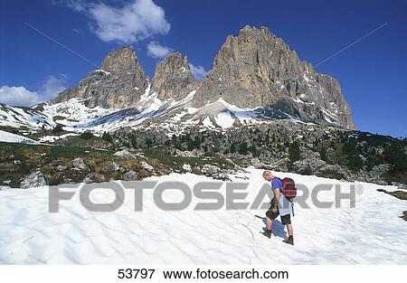 Hiker hiking on mountain, Langkofel, Sella Pass, Dolomites, Italy View Large Photo Image Stock Photo - Hiker hiking on mountain, Langkofel, Sella Pass, Dolomites, Italy . Fotosearch