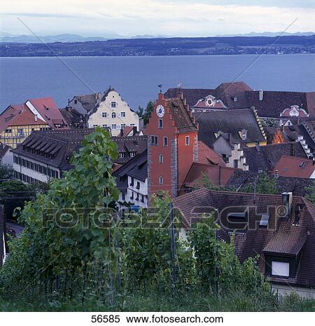 Stock Photography - Houses in town at lakeside, Meersburg, Lake Constance, Baden-Wurttemberg, Germany . Fotosearch