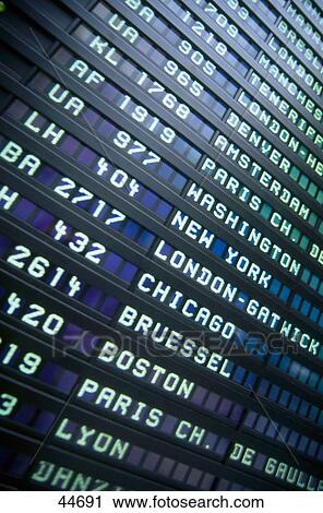 Stock Image - Low angle view of arrival departure board, Frankfurt, Germany, Europe . Fotosearch
