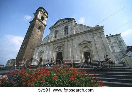 Stock Image - Low angle view of cathedral, Church Of Saint John Baptist, Piazza Del Duomo, Turin, Piedmont, Italy . Fotosearch