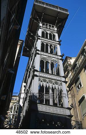 Stock Image - Low angle view of elevator, Santa Justa Lift, Baixa, Lisbon, Portugal . Fotosearch