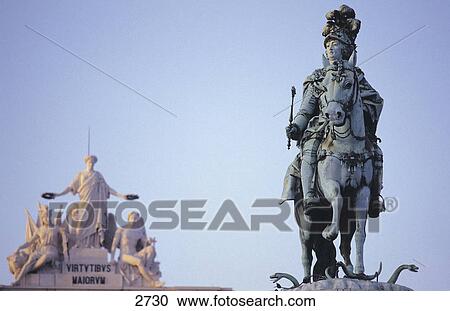 Stock Image - Low angle view of monument of king Jose, Praca do Comercio, Lisbon, Portugal . Fotosearch
