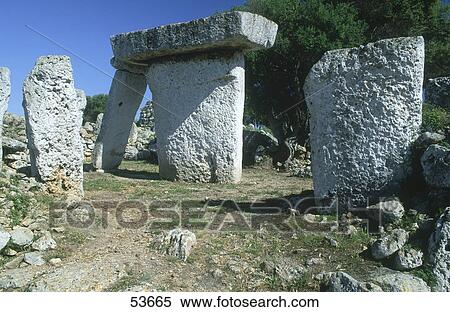 Stock Photography - Megalithic stones in field, Menhir Talati de Dalt, Minorca, Balearic Islands, Spain . Fotosearch