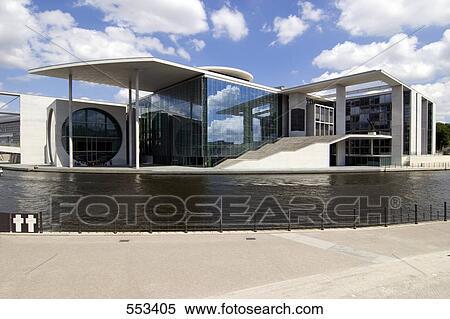 Stock Photography - Office building on riverbank, Marie-Elisabeth-Lüders-Haus, Spree River, Berlin, Germany . Fotosearch