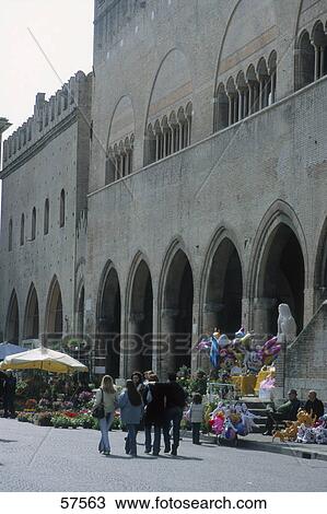 Stock Image - People at the flower market, Piazza Cavour Market, Province Of Rimini, Emilia-Romagna, Italy . Fotosearch